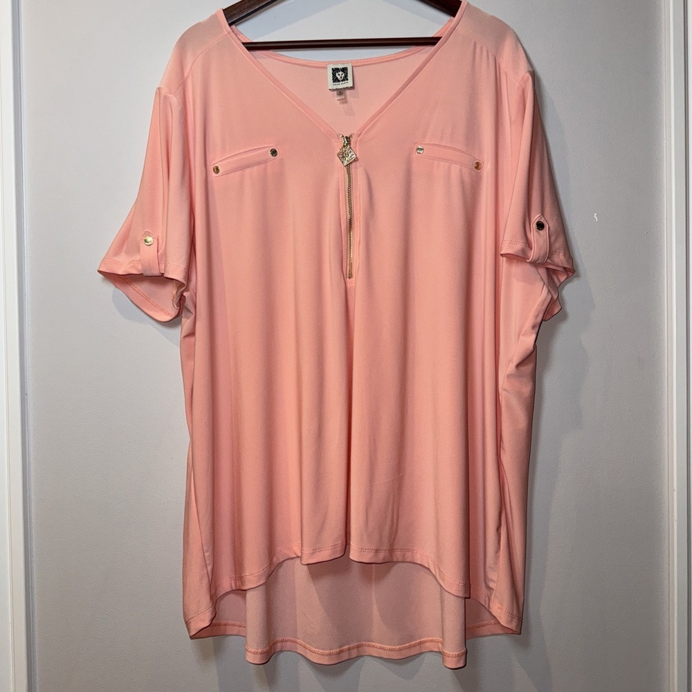 Anne Klein Knit Boho TOP Shirt Blouse Gold Zip‎ Plus Sz 3X Peach $69 NWOT